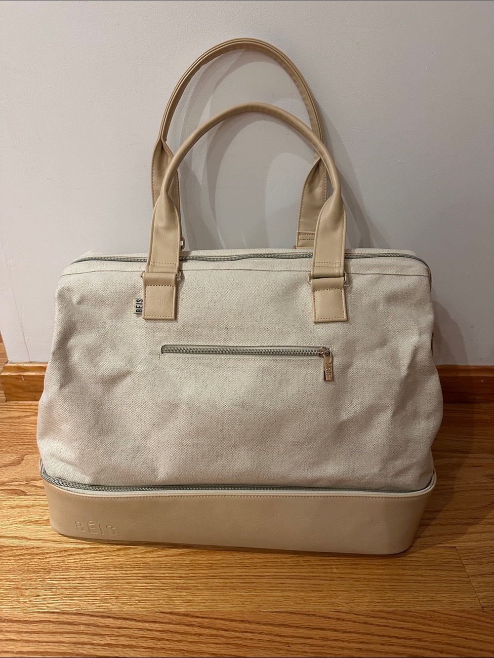BEIS…Cream Canvas Travel Weekender Bag with Tan Trim